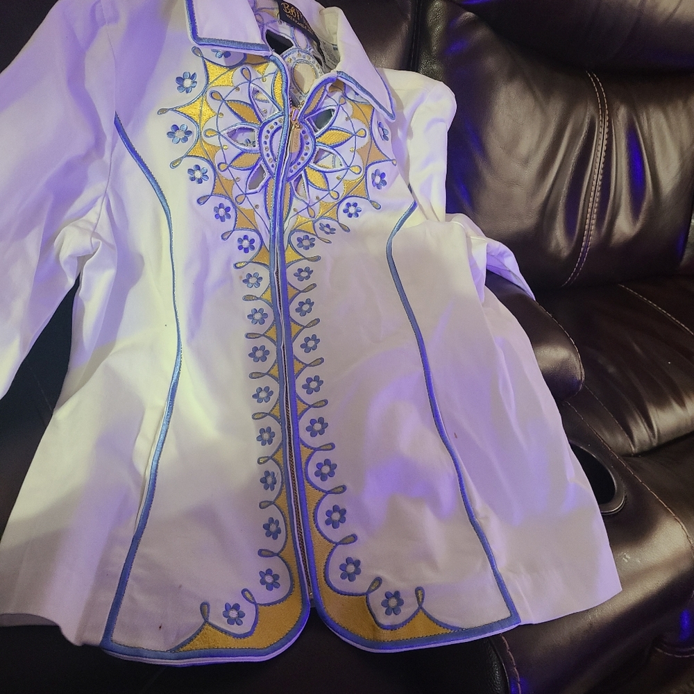 White Embroidered Floral Jacket with Blue & Yellow Accents